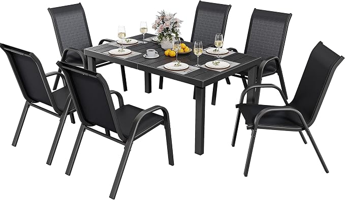 YITAHOME Stackable Patio Dining Set for 6, Breathable Outdoor Dining Set w/55 Aluminum Patio Table & 6 Stackable Patio Chairs Set, All Weather Outdoor Patio Dining Set for Backyard Deck Porch, Black