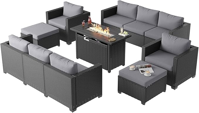 Aoxun 7 Piece Patio Furniture Set with Fire Pit Table, 10 Seats Outdoor Furniture Set with Wicker Ottomans, Rattan Outdoor Sectional Sofa with Thickened Cushion & Waterproof Cover Grey