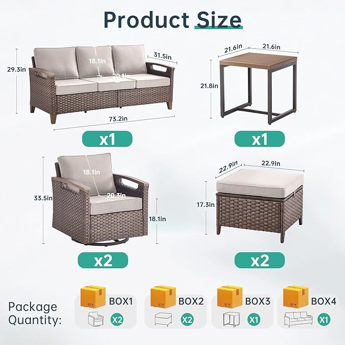 Luxury 6 Piece Heavy Duty Patio Furniture Set with Swivel Chair - All Weather Wicker Comfort Thick Cushion Outdoor Conversation Set with 3 Seat Sofa & Ottoman for Porch Poolside Deck - Beige