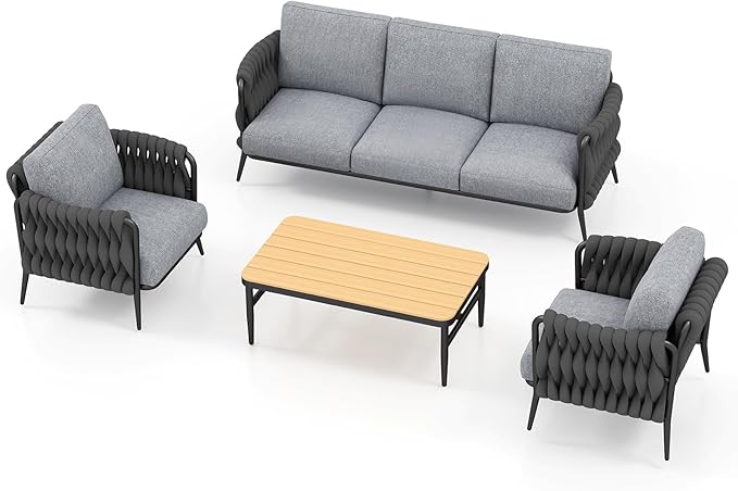 Patio Furniture Set, 5-Seat Outdoor Sofa Furniture Deep Seating with Coffee Table, Metal Patio Conversation Sets with Waterproof & Extra-Thick Cushions for Garden, Poolside, Backyard