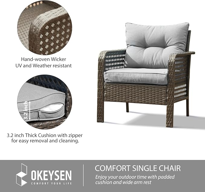 Lepdep Patio Furniture Set Outdoor Furniture - 4 Pieces Wicker Patio Conversation Sets with Loveseat, Rattan Seating Outside Patio Set Coffee Table Chair for Lawn, Deck, Balcony, Backyard. (Grey)