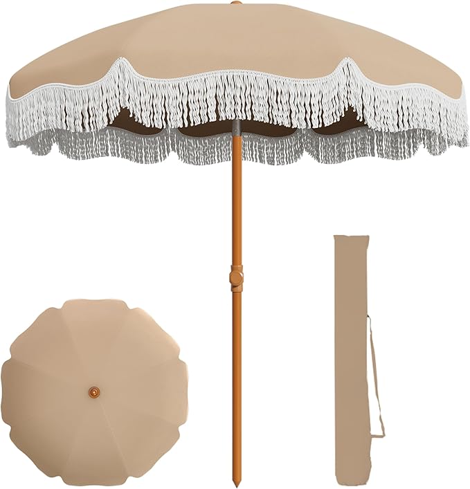 AreShark 7ft Patio Umbrella with Fringe, UPF50+ Beach Umbrella for Table, Pool & Garden, Portable Outdoor Tassels Umbrella w/Fiberglass Ribs&Push Bottom Tilt(Beige)