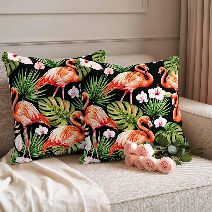 Pink Flamingos Outdoor Pillow Covers 20"x20" Set of 2, Green Tropical Leaf Hibiscus Flower Botanical Waterproof Throw Pillow Covers for Patio Furniture, Decorative Cushion Covers for Porch