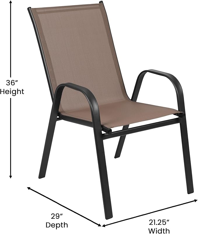 EMMA + OLIVER Bartlett 7-Piece Outdoor Dining Set, Patio Table with Tempered Glass Top and Umbrella Hole, 6 Flex Comfort Textilene Stack Chairs, 60", Brown/Black