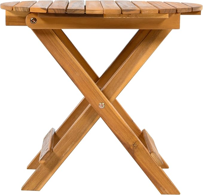 GDFStudio 15" H Folding Patio End Table Accent Table Small Round Sofa Coffee Acacia Wood Lightweight Side Tables with Slat Panel Cross Leg for Living Room Bedroom Balcony Office Outdoor Space, Teak