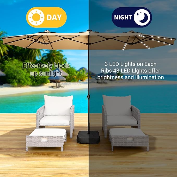 CHABATREE 14FT Large Patio Patio Umbrella with Base & Solar LED Lights - Double-Sided,Kahaki