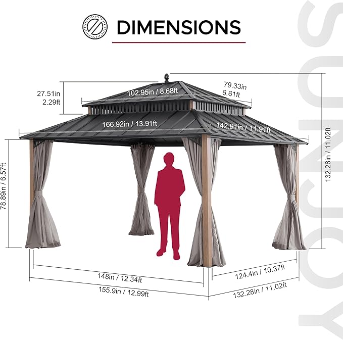 SUNJOY Kingston 14' x 12' Hardtop Gazebo with Curtain, Netting and Galvanized Steel Double Roof, Woodgrain Finish Aluminum Posts Permanent Pavilion Gazebo for Garden, Patio, Deck, Lawn
