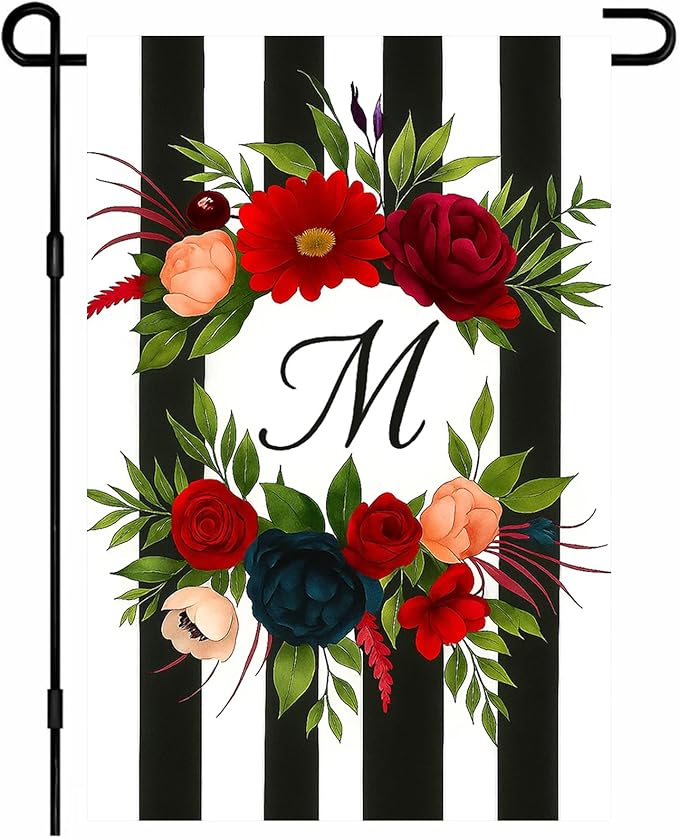 IVN Spring Floral Garden Flag With Mixed Flowers Letter M And Black And White Stripes Flower Circle Garden Flag Double Sided 12x18 Inch Vertical Farmhouse Yard Outdoor Decoration