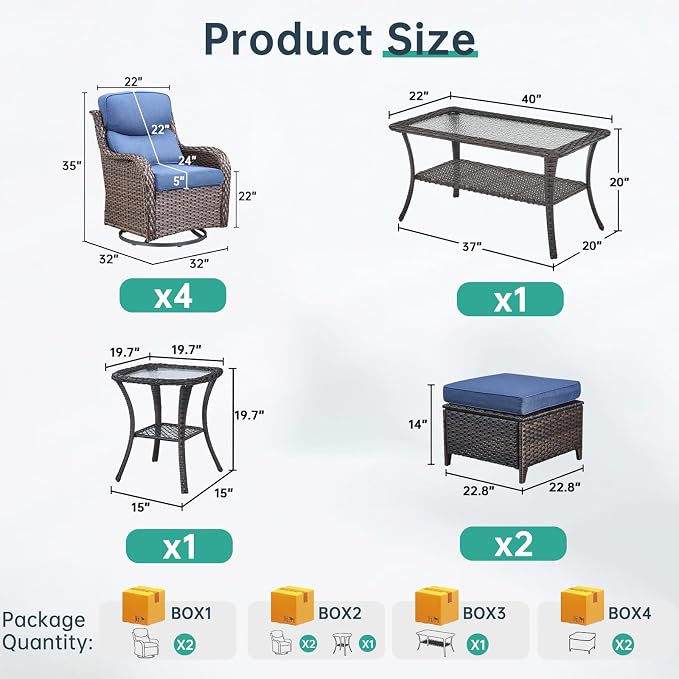 Outdoor Swivel Rocker Patio Chairs Set of 4 with Coffee Table - 5" Thick Cushion 8 Piece Furniture Set All Weather Comfortable Wicker Conversation Set for Porch Deck - Brown/Blue