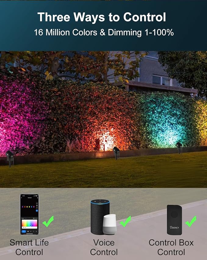 Ligency Spotlight Outdoor Smart Low Voltage Landscape Lights, 4 Pack 40Ft Spot Lights IP65 Waterproof RGBW Color Changing Spotlights for Yard Garden