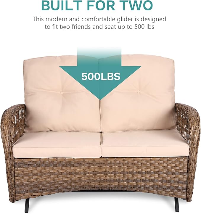MEETWARM 7 Pieces Outdoor Patio Rattan Furniture Sets, All Weather Patio Wicker Conversation Set- 2 Rocking Chairs, 2 Swivel Chairs, 1 Loveseat Glider with Cushions, 2 Glass-Top Coffee Table, Beige