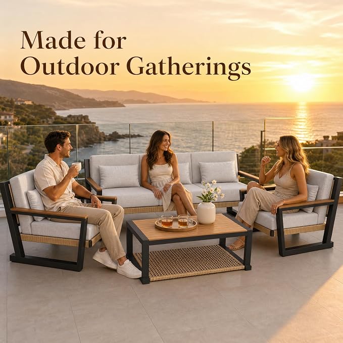 Aluminum Patio Furniture Set 5 Seats, Oversized Outdoor Sectional with Washable Thick Cushions, Coffee Table and Waterproof Cover, Patio Conversation Sets for Porch, Balcony, Deck Yellow
