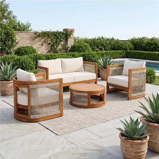 4-Piece Patio Conversation Set,All Weather Sectional Sofa Set w/ 2 Chairs, Loveseat & Table Premium, Acacia Wood Outdoor Furniture Set with Woven Rope Accents and Cushions (Teak+ Beige#82)