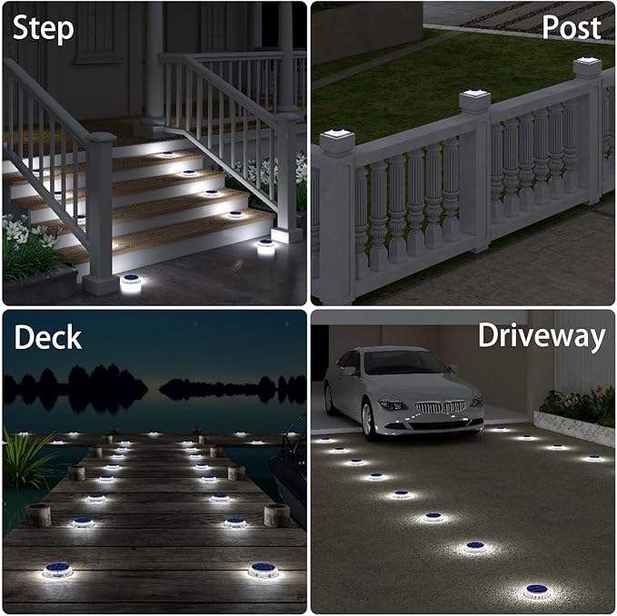 DetarZinLED Solar Deck Lights Outdoor Waterproof, 6 Pack White Round Deck Lights Solar Powered, Flat Stick on Ground Disc Light for Outdoor Pathway Driveway Step Yard Dock Walkway Patio