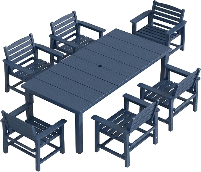 Kingdura 7 Piece Patio Dining Set for 6, 75.2'' HDPE Outdoor Dining Table Set with 2" Umbrella Hole, Weather-Resistant Outdoor Furniture, Table and Chairs Set for Backyard Pool Garden, Navy Blue