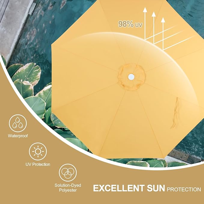 Tempera 9ft Yellow Scalloped Patio Umbrella with Fringe,UV Protection Fade Resistant Canopy, 8 Sturdy Ribs, Outdoor Table Umbrella with Crank Tilt for Lawn, Pool, Deck, Balcony