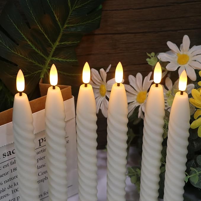 Flameless Taper Candles Real Wax Flickering with Remote Timer, Pastel Ivory 3D Wick LED Spiral Candles Battery Operated 6 Pack 9.8 inch, Wedding Birthday Home Party Holiday Dinner Decor