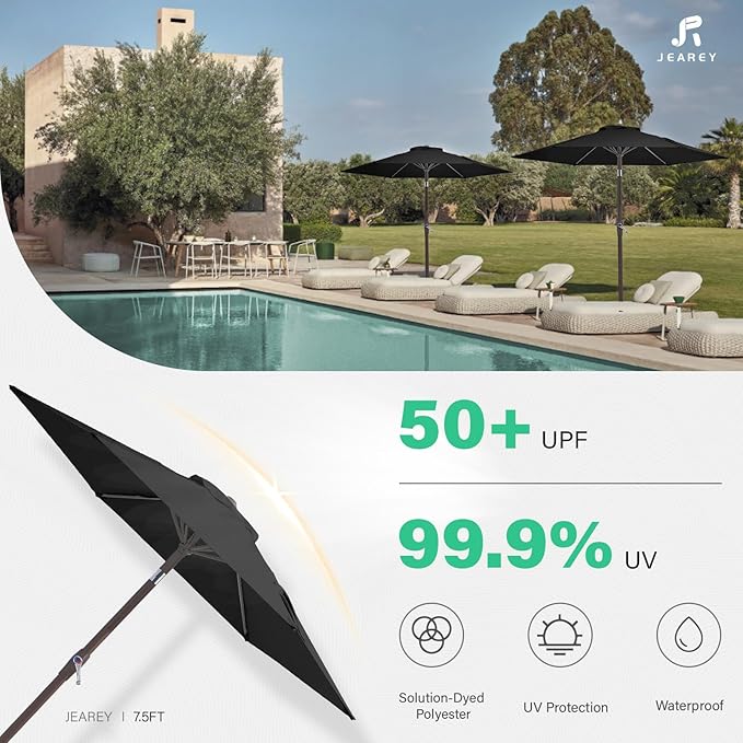 JEAREY 7.5FT Patio Umbrella Market Table Umbrella with 6 Sturdy Ribs, Push Button Tilt/Crank Outdoor Umbrella for Garden, Deck, Backyard,Dark Black