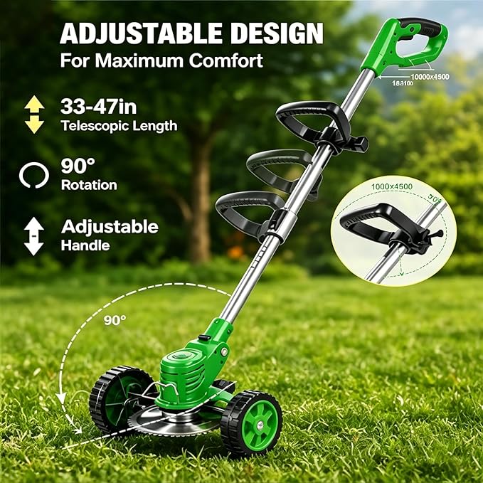 Cordless Weed Wacker with 2 Batteries, Lightweight 21V Weed Trimmer with Wheels, Electric Grass Trimmer, Adjustable Shaft Lawn Tool for Small Yard Tight Spaces