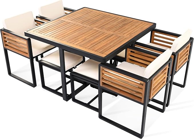9-Piece Outdoor Patio Acacia Wood Dining Table Set, Square Table with 4 Cushioned Chairs& 4 Stools, All-Weather Resistant Conversation Set with Metal Frame, Space-Saving Design for 8 (Beige-1.8)