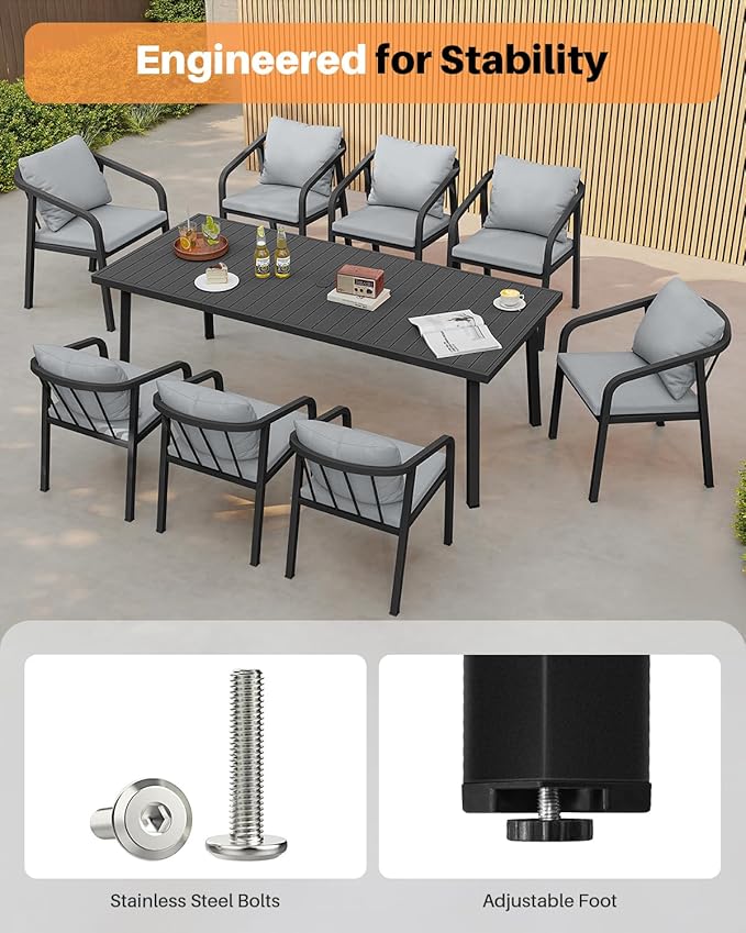 9 Pieces Patio Dining Set, Never-Rust Aluminium Patio Table and Chairs for 8, Outdoor Dining Set with Rectangle Table, Outdoor Dining Chairs with Removable Cushions for Poolside, Garden, Black