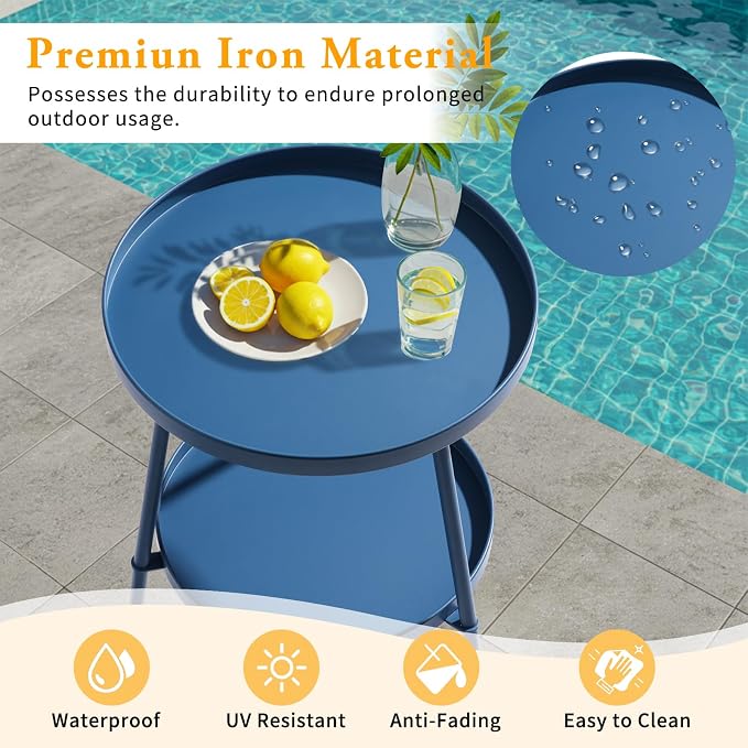 Outvita Outdoor Round Side Table, Small Metal End Table Black Coffee Table for Patio Lawn Garden Living Room Bedroom Sturdy (Double Layer, Navy Blue)
