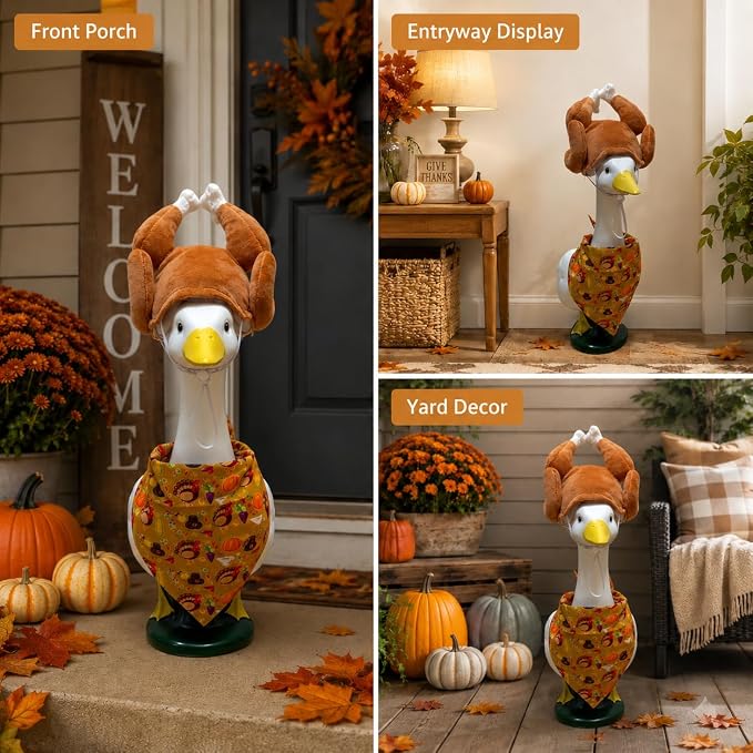 Thanksgiving turkey Porch Goose Outfit for 23"/17" Lawn Statue Yard Decor | Cute Porch Goose Fall Outfits with Turkey Hat Harvest Bandana Costume for Cement/Plastic Statues
