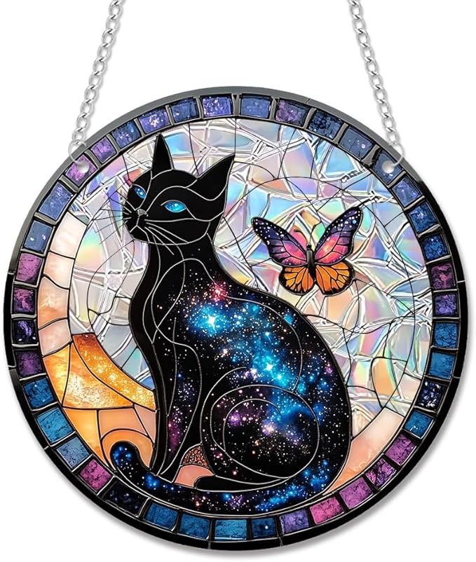 Acrylic Suncatcher Window Hanging, Black Cat Sun Catcher Rainbow Indoor Window Decoration for Living Room Bedroom Summer Home Balcony Ornaments, 7.87 inches