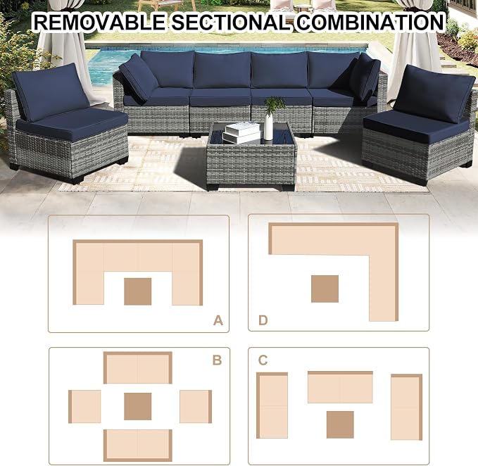 CANMOV 7 Pieces Patio Furniture Sets, All Weather Outdoor Patio Conversation Set, PE Wicker Rattan Sectional Sofa Couch Glass Coffee Table Washable Cushions for Backyard Garden,Poolside, Navy Blue