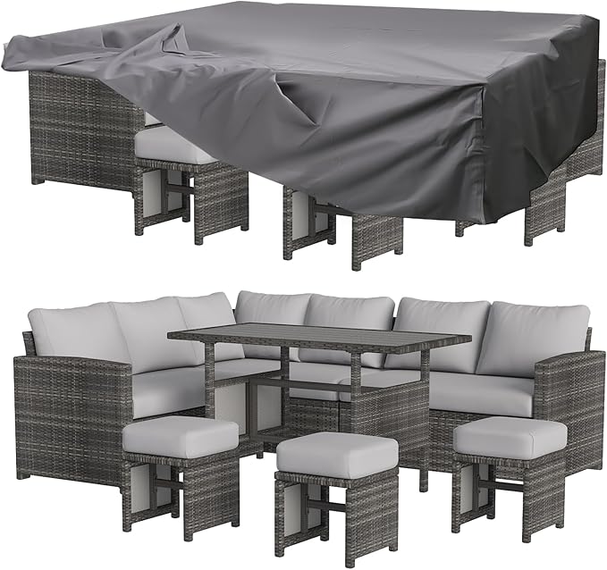 U-MAX 7 Pieces Patio Furniture Set with Waterproof Cover, Outdoor Sectional Sofa Conversation Set, All Weather Wicker Rattan Dining Table & Chair with Ottoman, Grey Rattan&Light Grey Cushion