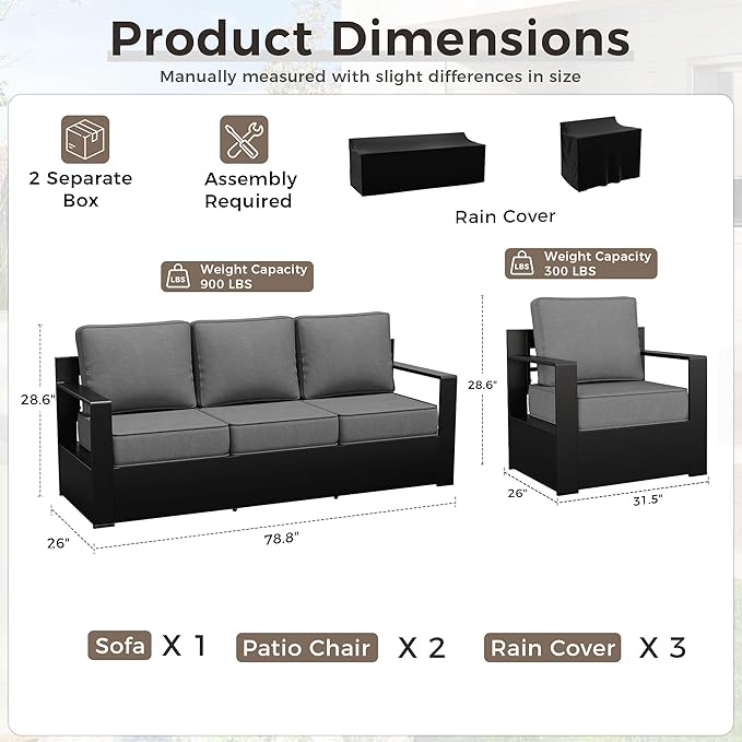 Outdoor Patio Furniture Set, 3-Piece Aluminum Patio Conversation Set All-Weather Metal Outdoor Sectional with 6 Inch Thick Cushions, Deep Setting for Garden, Outside and Porch, Grey
