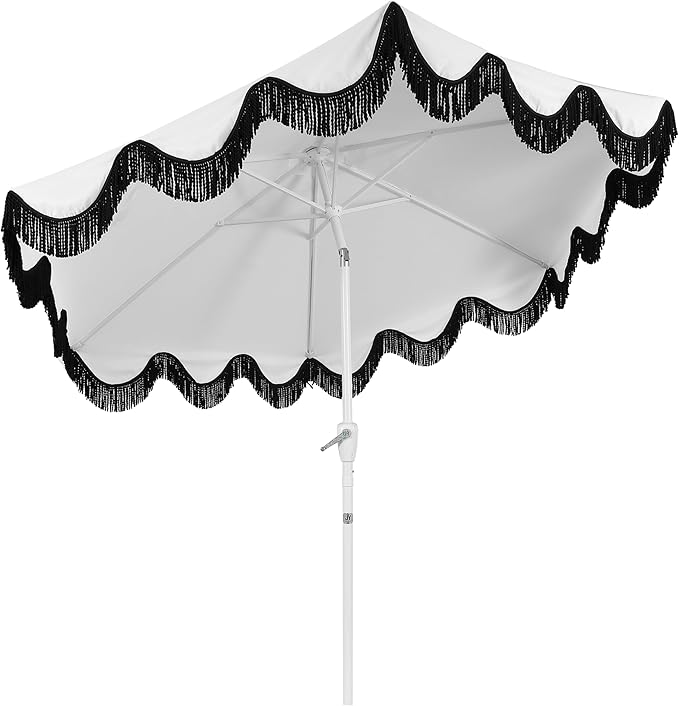 JONATHAN Y UMB1001 Collins 9 ft. Classic Cottage Tassel Market Patio Umbrella with Auto-Tilt, Crank, Wind Vent and UV Protection