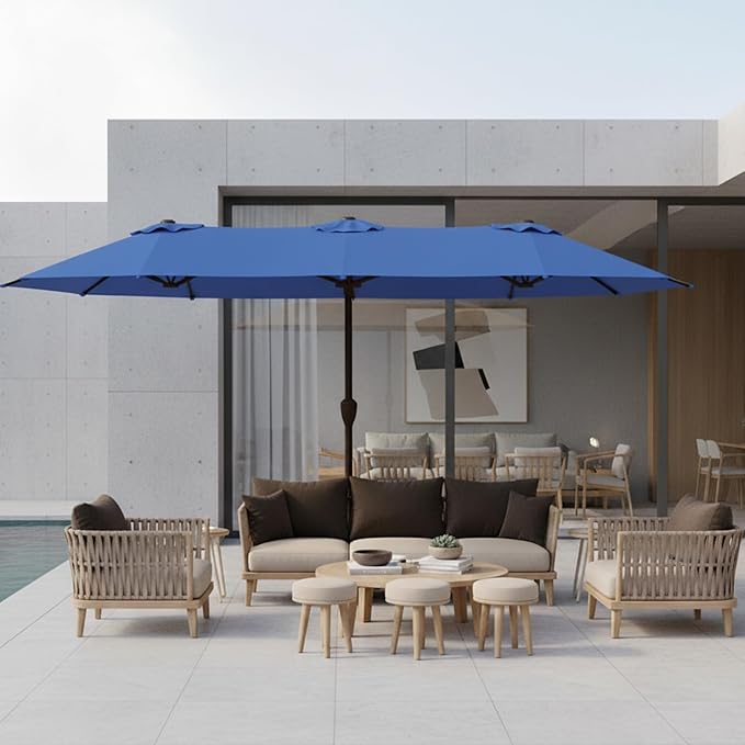 15FT Large Patio Umbrella with Base, Double Sided Rectangular Outdoor Umbrella with Sturdy Fiberglass Ribs, UPF 50+ Sun Protection, Wind-Resistant, Waterproof Fade-Resistant Fabric for Pool, Garden, Backyard, Deck(Royal Blue)