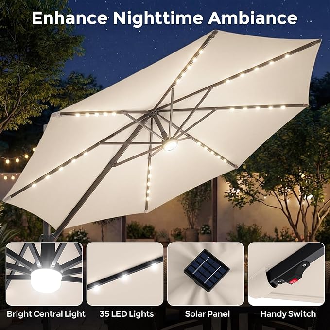 Tangkula 10ft Patio Umbrella with Solar Lights, Offset Cantilever Square Outdoor Umbrella with 35 LED Lights, Aluminum Pole, 360 Degree Rotation, Tilt Adjustment, Air Vent for Pool Deck Yard (Beige)