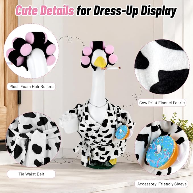 Porch Goose Outfits for 23 Inch Porch Goose, Cow Print Robe Costume with Matching Accessories, Summer Porch Goose Clothes for Front Porch Yard Garden Decor