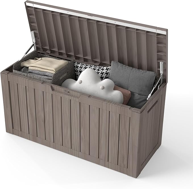 80 Gallon Deck Boxes Outdoor Waterproof, Outdoor Storage Box with Lockable Lid & UV-Resistant for Patio Furniture, Outdoor Cushions, Garden Tools and Pool Supplies, Light Brown