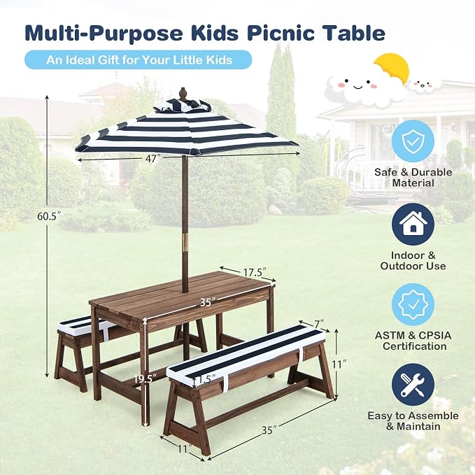 Olakids Kids Picnic Table, 2 in 1 Outdoor Toddler Wooden Table and Chair Set with Removable Cushions Height Adjustable Umbrella, Children Activity Furniture Bench for Patio Garden Backyard (Blue)