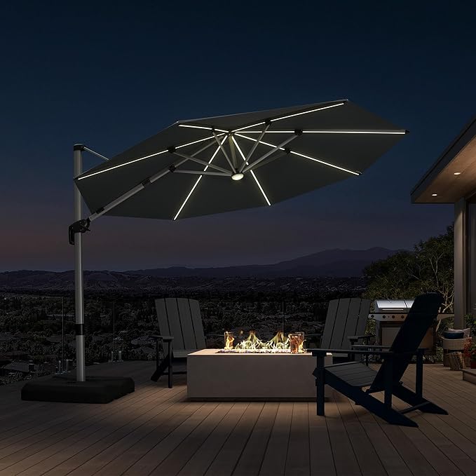 PURPLE LEAF 11ft Patio Umbrella with Lights Outdoor Round Cantilever Solar Powered LED Umbrella with 360-degree Rotation for Garden Deck Pool Patio, Grey
