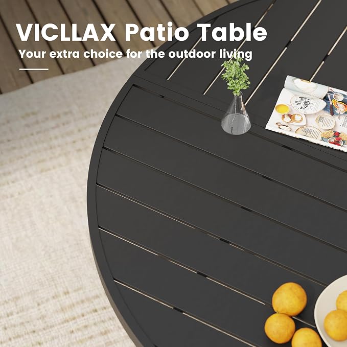 VICLLAX 63" Round Outdoor Table, Patio Dining Table for 8-10 with Umbrella Hole for Garden Lawn Deck Backyard, Black
