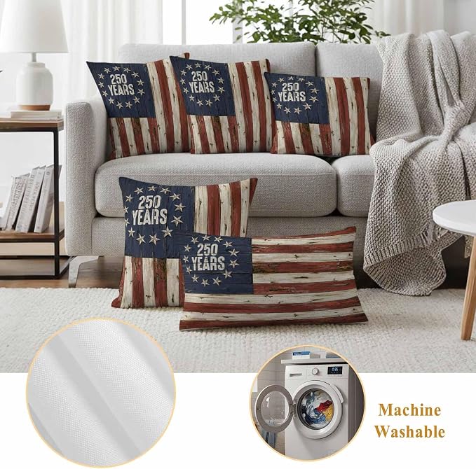 250 Year Anniversary USA Outdoor Waterproof Throw Pillow Covers 24"x24" Set of 2, 4th of July Vintage Wood Decorative Garden Pillowcase with Zipper Cushion Case for Patio Couch Tent