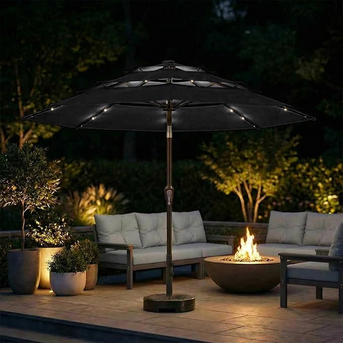 10ft 3-Tier Patio Umbrella with 32 Solar Powered LED Lights, Windproof Outdoor Market Umbrella for Deck, Poolside & Garden, Sturdy Push-Button Tilt Table Umbrella, Black