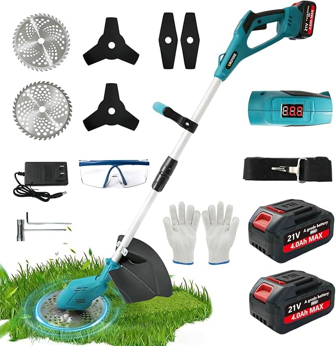 3- in-1 Electric Weed Eater, Brushless Weed Wacker Cordless, Brush Cutter with 2Pcs 4.0Ah Batteries, 1200W Motor, 6 Blades, Battery Powered Grass/String Trimmer Lawn for Yard and Garden
