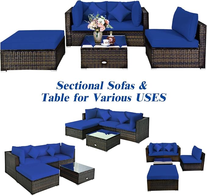 RELAX4LIFE 5-Piece Rattan Sofa Set - Wicker Conversation Set w/Armless Sofa, 2 Corner Sofas, Ottoman, Tempered Coffee Table, All Weather Outdoor Furniture Set for Patio, Poolside, Yard (Navy Blue)