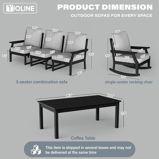 HDPE Patio Conversation Set, 6-Piece All Weather Outdoor Furniture Set with 2 Single Rocking Armchairs for Deck, Lawn, with Cushion, Black