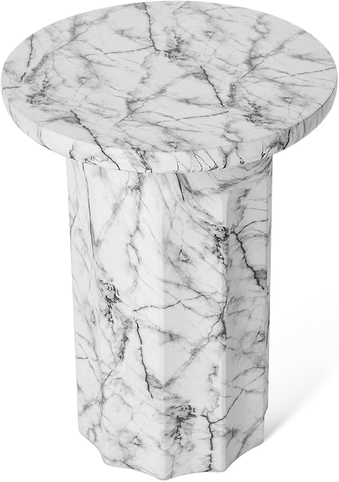 Glitzhome Indoor Outdoor Side Table 21" H, Modern MGO Faux Marble Side Table Round End Table, Decorative Accent Stool for Garden Outdoor Patio Living Room Bedroom Home Decor