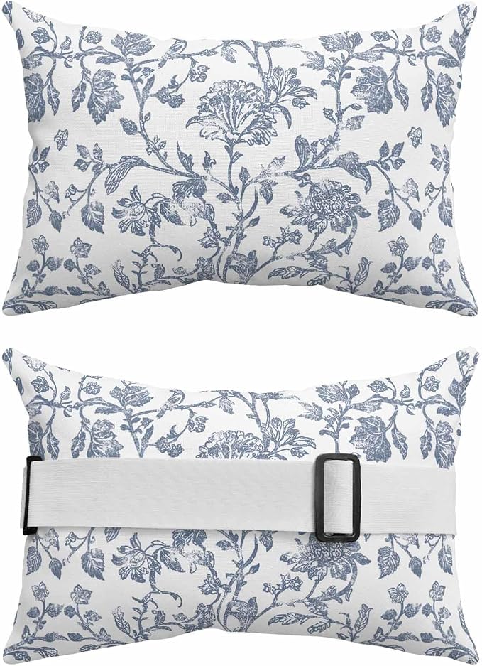 Pack of 4 Outdoor Lumbar Pillow Covers 12x20 Inch, Blue Flower Waterproof Throw Pillow Covers Set, Vintage Farmhouse Boho Leaf Spring Summer Indoor&Outdoor Cushion Cases for Patio Porch Beach