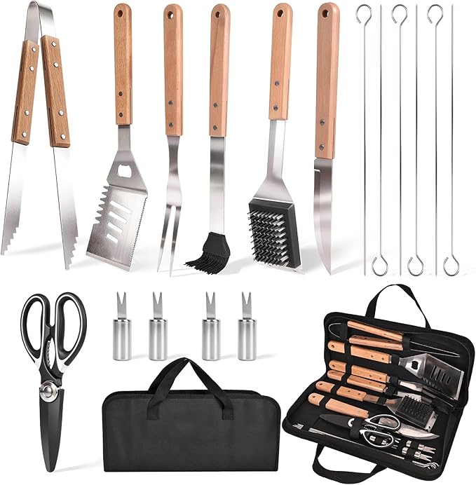 18 Piece Outdoor BBQ Grill Set, Heavy Duty Stainless Steel Grilling Utensils Kit with Portable Carry Bag, Complete Camping Barbecue Tool Set, Ideal Grilling Gift for Men Dad Backyard BBQ Party