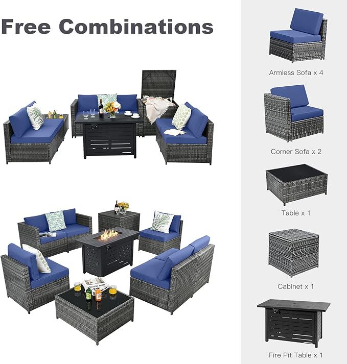 Tangkula 9 Pieces Patio Rattan Furniture Set, Patiojoy Sectional Sofa Set w/Storage Box, Coffee Table, Outdoor Wicker Conversation Set w/ 42” ETL Approved Propane Fire Pit Table (Navy Blue)