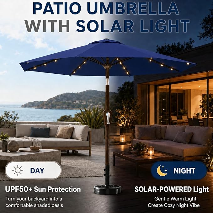 11FT Solar Patio Umbrella with Lights, Outdoor Table Market Umbrella with 32 LED Lights, 8 Sturdy Ribs, Smooth Crank Lift for Pool, Deck and Garden, UV-Resistant