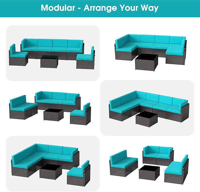 kinbor 7 Pieces Modular Patio Conversation Set - Outdoor Sectional Sofas with All-Weather Wicker, Thick Cushions & Glass Table for Garden, Backyard, Porch, Turquoise